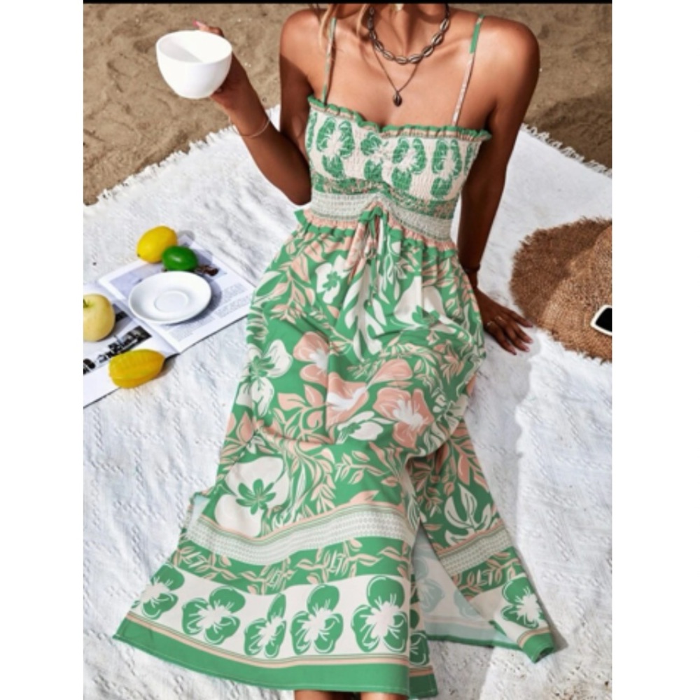 Green Floral Midi Sundress with Smocked Bodice